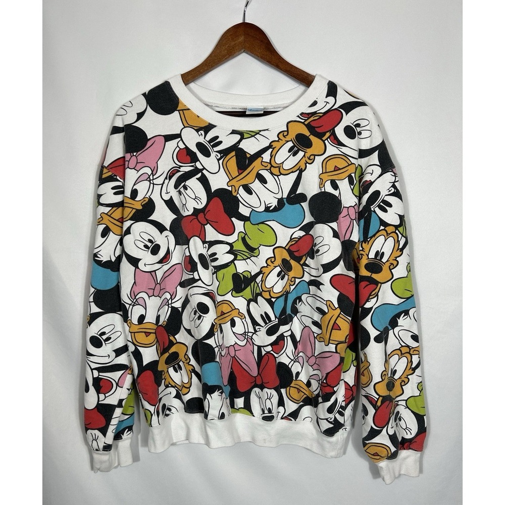 90s Disney All‎ Over Print Sweat Shirt Mickey Donald Goofy Daisy Size L  11-13